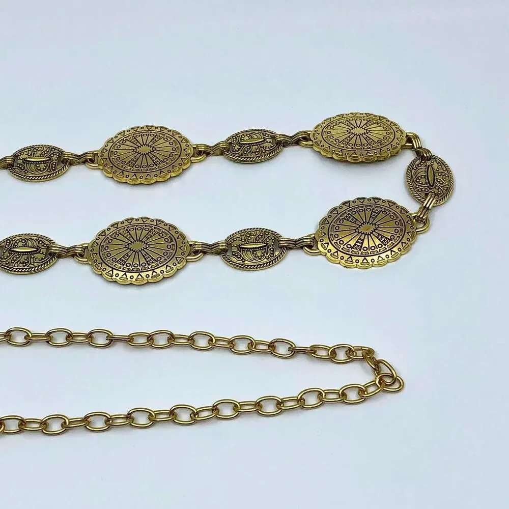 Vintage Y2K Boho Gold Medallion Chain Belt, Fits 22.5–38 Inches, X7GA1199